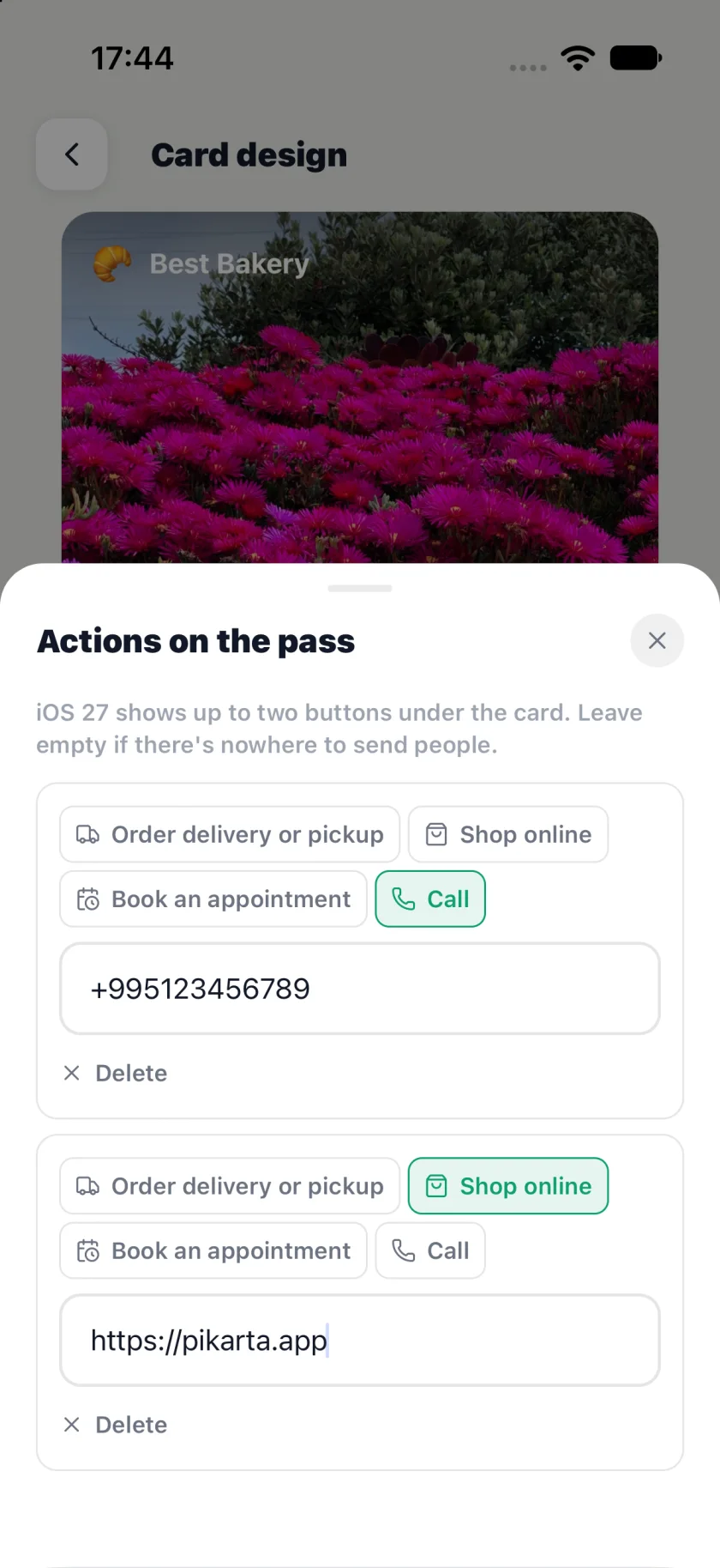 Réglage de deux actions dans Pikarta : appel vers un numéro et lien vers le site de la boutique.
