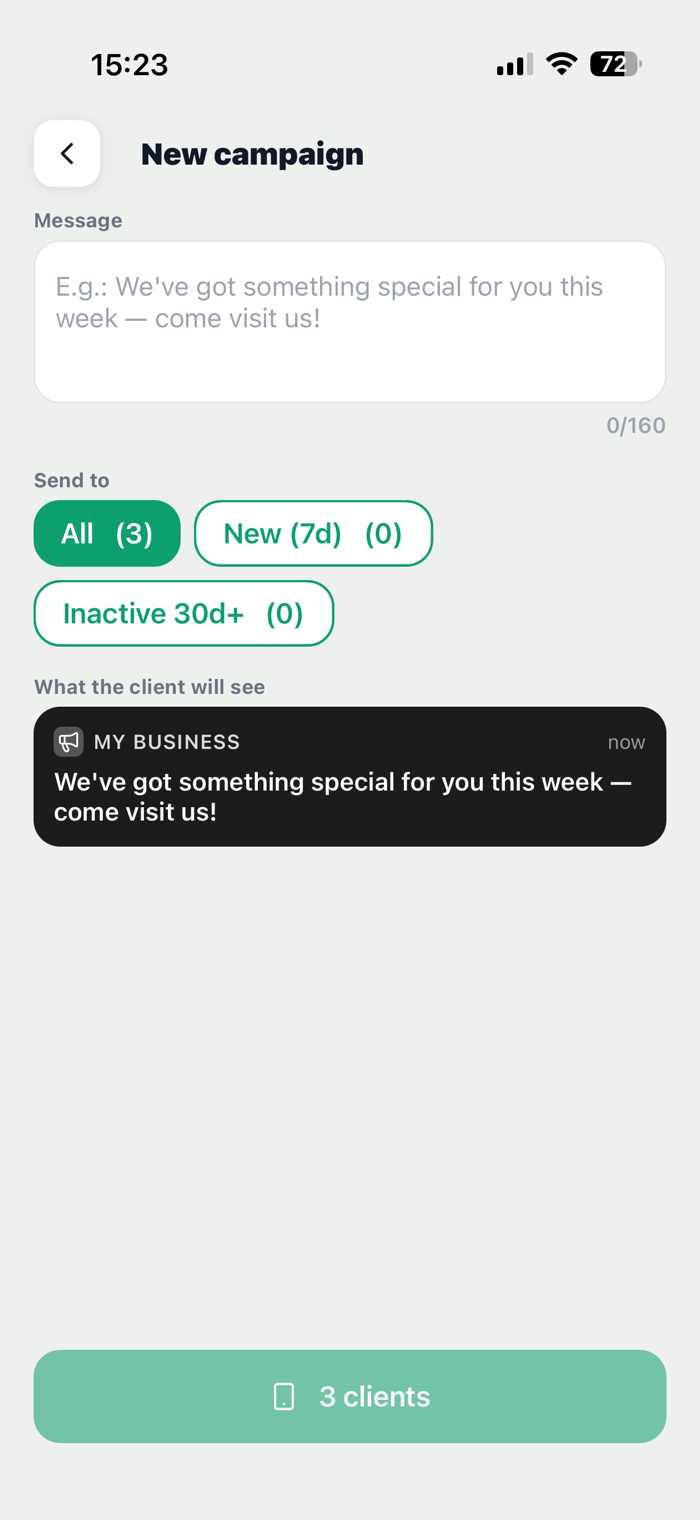 L’écran « Nouvelle campagne » : le message, l’audience et un aperçu de la notification