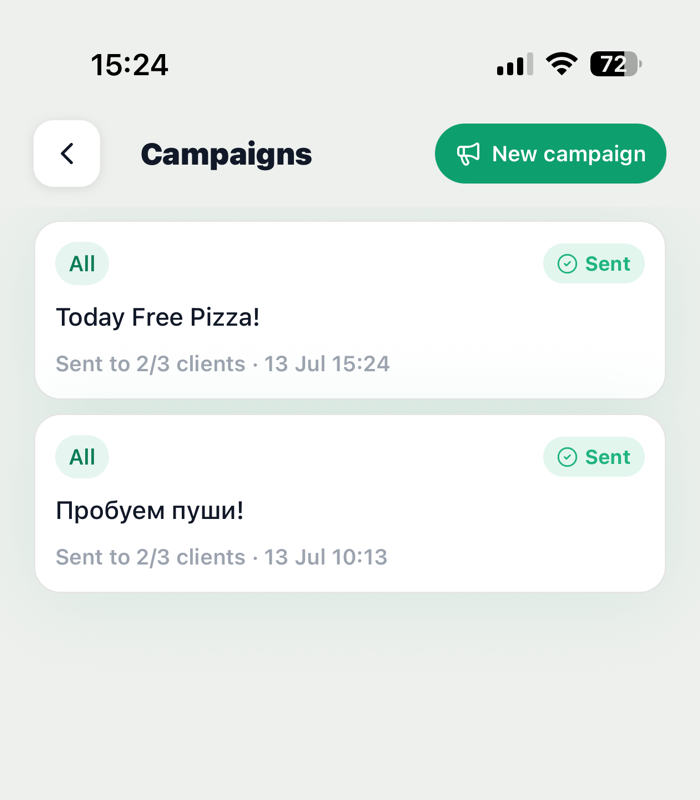 Vos campagnes avec le statut d’envoi — « Envoyé à N/M clients » et la date