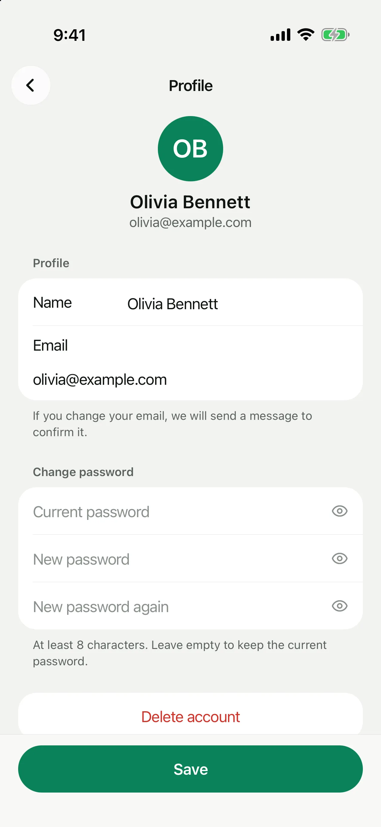 Профиль: имя, email и пароль